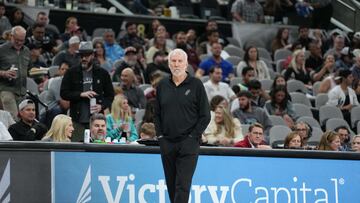 Oct 16, 2023; San Antonio, Texas, USA;  San Antonio Spurs head coach Gregg Popovich looks on in the second half against the Houston Rockets at the Frost Bank Center. Mandatory Credit: Daniel Dunn-USA TODAY Sports