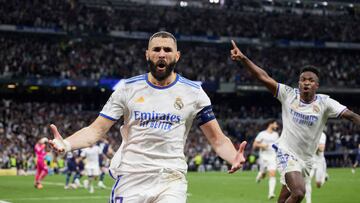 Karim Benzema celebrates scoring for Real Madrid against Mancheaster City at the Santiago Bernabéu.