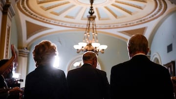 US Senate Majority Leader Chuck Schumer (D-NY) speaks to reporters following the Senate Democrats weekly policy lunch at the US Capitol in Washington, US.