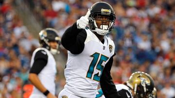 FOXBORO, MA - AUGUST 10: Allen Robinson #15 of the Jacksonville Jaguars gestures in the first half during a preseason game with New England Patriots at Gillette Stadium on August 10, 2017 in Foxboro, Massachusetts. (Photo by Jim Rogash/Getty Images)