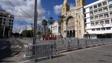 A picture taken on October 29, 2020 in the Tunisian capital Tunis, shows the Cathedral of Saint Vincent de Paul and the surrounding streets, empty after new security measures were taken by the authorities in a bid to slow the spread of the novel coronavir