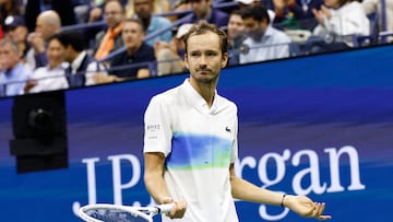 Russia's Daniil Medvedev reacts as he plays against Italy's Jannik Sinner during their men's quarterfinals match on day ten of the US Open tennis tournament at the USTA Billie Jean King National Tennis Center in New York City, on September 4, 2024. (Photo by KENA BETANCUR / AFP)