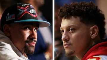 A combination photograph shows Philadelphia Eagles quarterback Jalen Hurts speaking to reporters in Phoenix, Arizona, U.S and Kansas City Chiefs quarterback Patrick Mahomes speaking to reporters in Scottsdale, Arizona, U.S., ahead of playing against each other in Super Bowl LVII, February 7, 2023. REUTERS/Caitlin O’Hara