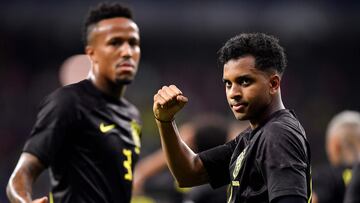 Brazil's forward Rodrygo celebrates after scoring his team's second goal during the international friendly football match between Brazil and Guinea at the RCDE Stadium in Cornella de Llobregat near Barcelona on June 17, 2023. (Photo by Pau BARRENA / AFP)