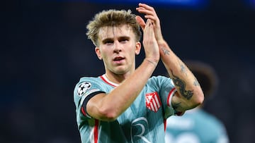 Pablo Barrios of Atletico de Madrid celebrates victory at full-time following the UEFA Champions League 2024/25 League Phase MD7 match between Paris Saint-Germain and Atletico de Madrid at Parc des Princes on November 06, 2024 in Paris, France. (Photo by Franco Arland/Getty Images)