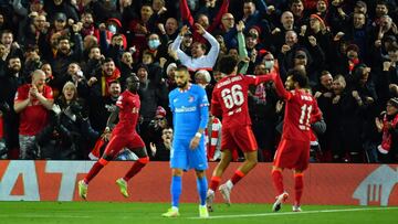 Soccer Football - Champions League - Group B - Liverpool v Atletico Madrid - Anfield, Liverpool, Britain - November 3, 2021 Liverpool's Sadio Mane celebrates scoring their second goal with Trent Alexander-Arnold and Mohamed Salah REUTERS/Dylan Martin