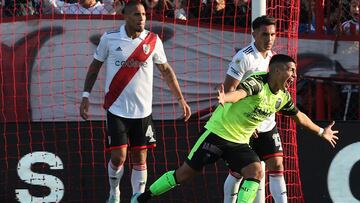 Barracas Central's defender Mauro Peinipil celebrates after scoring the team�s second goal against River Plate during their Argentine Professional Football League Tournament 2023 match at �Claudio Chiqui Tapia� stadium, in Buenos Aires, on July 1, 2023. (Photo by ALEJANDRO PAGNI / AFP)