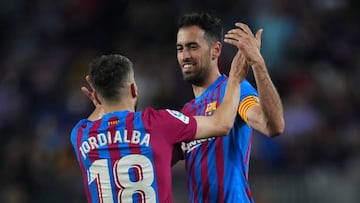 Sergio Busquets of FC Barcelona celebrates with his teammate Jordi Alba after scoring the 2-0 during the La Liga match between FC Barcelona and RCD Mallorca played at Camp Nou Stadium on May 01, 2022 in Barcelona, Spain.