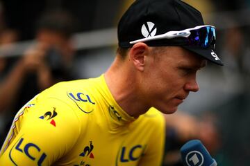 Chris Froome of Great Britain and Team Sky speaks to the media ahead of stage twenty one of Le Tour de France 2017 on July 23, 2017 in Paris, France.