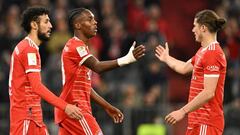 Bayern Munich's French forward Mathys Tel celebrates scoring his team's sixth goal 6:1 with Bayern Munich's Moroccan defender Noussair Mazraoui (L) and Bayern Munich's Austrian midfielder Marcel Sabitzer during the German first division Bundesliga football match between Bayern Munich and Werder Bremen in Munich, southern Germany, on November 8, 2022. - DFL REGULATIONS PROHIBIT ANY USE OF PHOTOGRAPHS AS IMAGE SEQUENCES AND/OR QUASI-VIDEO (Photo by CHRISTOF STACHE / AFP) / DFL REGULATIONS PROHIBIT ANY USE OF PHOTOGRAPHS AS IMAGE SEQUENCES AND/OR QUASI-VIDEO (Photo by CHRISTOF STACHE/AFP via Getty Images)