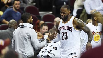 Jan 27, 2017; Cleveland, OH, USA; Cleveland Cavaliers forward LeBron James (23) celebrates with guard Kyrie Irving (2) after leaving the game during the second half against the Brooklyn Nets at Quicken Loans Arena. The Cavs won 124-116. Mandatory Credit: Ken Blaze-USA TODAY Sports