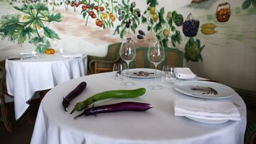 View of tables and the decor at Arpege, the three-Michelin-starred restaurant of French chef Alain Passard, which serves an exclusively plant-based menu, in Paris, France, July 23, 2025. REUTERS/Gonzalo Fuentes