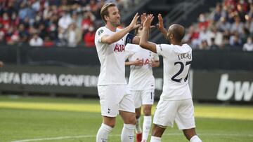 RENNES, FRANCE - SEPTEMBER 16: Harry Kane and Lucas Moura of Tottenham Hotspur celebrate their side&#039;s first goal, an own goal by Loic Bade of Rennes (not pictured) during the UEFA Europa Conference League group G match between Stade Rennes and Totten