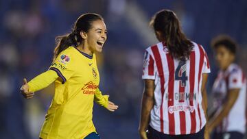 Aylin Avilez celebrates her goal 5-0 of America the 10th round match between America and Guadalajara as part of the Liga BBVA MX Femenil, Torneo Apertura 2024 at Ciudad de los Deportes Stadium on September 15, 2024 in Mexico City, Mexico.