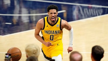 Jun 11, 2025; Indianapolis, Indiana, USA; Indiana Pacers guard Tyrese Haliburton (0) reacts after a play against the Oklahoma City Thunder during the second half during game three of the 2025 NBA Finals at Gainbridge Fieldhouse. Mandatory Credit: Kyle Terada-Imagn Images TPX IMAGES OF THE DAY