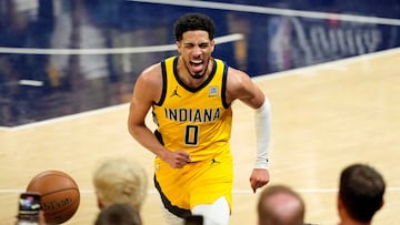 Jun 11, 2025; Indianapolis, Indiana, USA; Indiana Pacers guard Tyrese Haliburton (0) reacts after a play against the Oklahoma City Thunder during the second half during game three of the 2025 NBA Finals at Gainbridge Fieldhouse. Mandatory Credit: Kyle Terada-Imagn Images TPX IMAGES OF THE DAY