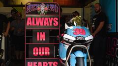 SAG Team Moto2 Spanish rider Luis Salom&#039;s motorbike is parked in the box after a tribute for the rider in the Moto GP of the Catalunya Grand Prix at the Montmelo racetrack near Barcelona on June 5, 2016.
 The SAG team&#039;s 24-year-old Spanish rider Salom suffered fatal injuries when crashing at Turn 12 on the challenging circuit near Barcelona in the second free practice session on June 3, 2016.
 
  / AFP PHOTO / JOSEP LAGO