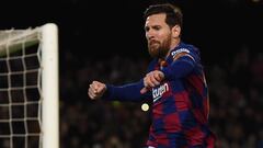BARCELONA, SPAIN - MARCH 07: Lionel Messi of FC Barcelona celebrates after scoring his team&#039;s first goal  during the La Liga match between FC Barcelona and Real Sociedad at Camp Nou on March 07, 2020 in Barcelona, Spain. (Photo by Alex Caparros/Getty