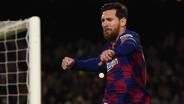 BARCELONA, SPAIN - MARCH 07: Lionel Messi of FC Barcelona celebrates after scoring his team's first goal during the La Liga match between FC Barcelona and Real Sociedad at Camp Nou on March 07, 2020 in Barcelona, Spain. (Photo by Alex Caparros/Getty