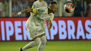 Santos' forward Neymar #10 controls the ball during the Campeonato Paulista football match between Santos and Botafogo de Ribeirao Preto at the Urbano Caldeira Stadium in Santos, Sao Paulo state, Brazil on February 5, 2025. (Photo by NELSON ALMEIDA / AFP)