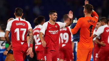 BARCELONA, SPAIN - AUGUST 18: Nolito of Sevilla FC celebrates victory with his teammate Tomas Vaclik after the Liga match between RCD Espanyol and Sevilla FC at RCDE Stadium on August 18, 2019 in Barcelona, Spain. (Photo by Alex Caparros/Getty Images)