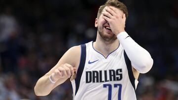 Jan 2, 2020; Dallas, Texas, USA;  Dallas Mavericks forward Luka Doncic (77) reacts during the first half against the Brooklyn Nets at American Airlines Center. Mandatory Credit: Kevin Jairaj-USA TODAY Sports