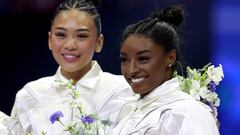 MINNEAPOLIS, MINNESOTA - JUNE 30: Suni Lee and Simone Biles celebrate after being selected for the 2024 U.S. Olympic Women's Gymnastics Team on Day Four of the 2024 U.S. Olympic Team Gymnastics Trials at Target Center on June 30, 2024 in Minneapolis, Minnesota.   Elsa/Getty Images/AFP (Photo by ELSA / GETTY IMAGES NORTH AMERICA / Getty Images via AFP)