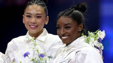MINNEAPOLIS, MINNESOTA - JUNE 30: Suni Lee and Simone Biles celebrate after being selected for the 2024 U.S. Olympic Women's Gymnastics Team on Day Four of the 2024 U.S. Olympic Team Gymnastics Trials at Target Center on June 30, 2024 in Minneapolis, Minnesota.   Elsa/Getty Images/AFP (Photo by ELSA / GETTY IMAGES NORTH AMERICA / Getty Images via AFP)