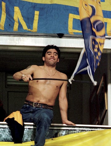 Diego Armando Maradona supporting Boca Juniors at La Bombonera.