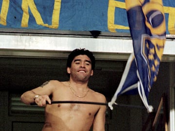 Diego Armando Maradona supporting Boca Juniors at La Bombonera.