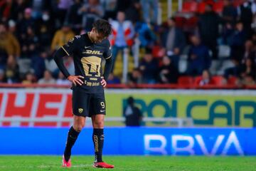 AGUASCALIENTES, MEXICO - FEBRUARY 15: Juan Dinenno of Pumas reacts after the 7th round match between Necaxa and Pumas UNAM as part of the Torneo Clausura 2023 Liga MX at Victoria Stadium on February 15, 2023 in Aguascalientes, Mexico. (Photo by Cesar Gomez/Jam Media/Getty Images)