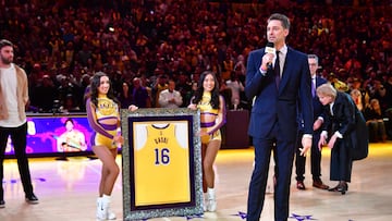 Mar 7, 2023; Los Angeles, California, USA; Former Los Angeles Lakers player Pau Gasol speaks as his number is retired during halftime at Crypto.com Arena. Mandatory Credit: Gary A. Vasquez-USA TODAY Sports