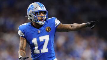 DETROIT, MICHIGAN - NOVEMBER 28: Tim Patrick #17 of the Detroit Lions looks on during the first quarter against the Chicago Bears at Ford Field on November 28, 2024 in Detroit, Michigan. Mike Mulholland/Getty Images/AFP (Photo by Mike Mulholland / GETTY IMAGES NORTH AMERICA / Getty Images via AFP)