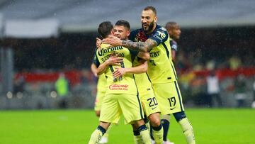     Richard Sanchez celebrates his goal 1-0 with Francisco Sebastian Cordova and Victor Emanuel Aguilera of America during the game Club America (MEX) vs Philadelphia Union (USA), corresponding to Semifinals first leg match of the 2021 Scotiabank Concacaf