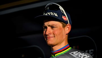 Alpecin-Deceuninck team Dutch Mathieu van der Poel celebrates on the podium after winning the Ename Samyn Classic, one day cycling race of 199,1 Km from Quaregnon to Dour, on March 4, 2025. (Photo by Tom Goyvaerts / Belga / AFP) / Belgium OUT