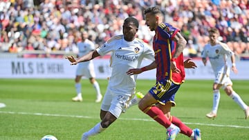 Apr 5, 2025; Sandy, Utah, USA; LA Galaxy defender Emiro Garces (25) steals the ball from Real Salt Lake midfielder Diogo Goncalves (10) during the first half at America First Field. Mandatory Credit: Christopher Creveling-Imagn Images