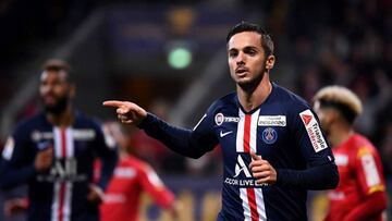 Paris Saint-Germain&#039;s Spanish midfielder Pablo Sarabia celebrates after scoring a goal during the French League Cup round of sixteen football match between Le Mans FC and Paris Saint-Germain (PSG), on December 18, 2019, at the MMArena Stadium, in Le 