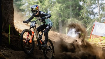 Jackson Goldstone performing at UCI Mountain Bike World Cup on June 20, 2025 in Val di Sole, Italy.