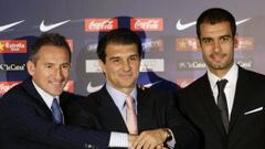 Txiki Beguiristain y Joan Laporta durante la presentación de Guardiola como nuevo entrenador del Barcelona.