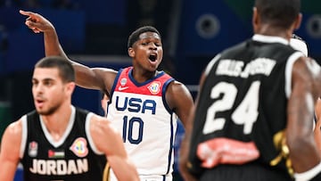 USA's Anthony Edwards reacts during the FIBA Basketball World Cup group C match between USA and Jordan at Mall of Asia Arena in Pasay City, metro Manila on August 30, 2023. (Photo by SHERWIN VARDELEON / AFP)