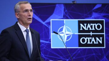 NATO Secretary General Jens Stoltenberg speaks during a press conference after a NATO video summit on Russia invasion of Ukraine at the NATO headquarters in Brussels on February 25, 2022. (Photo by Kenzo TRIBOUILLARD / AFP)