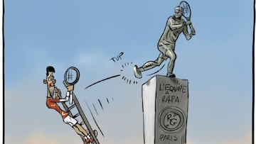 Ilustraci&oacute;n de Marselle sobre la final de Roland Garros y como Rafa Nadal evita el asalto a su &#039;estatua&#039; en Roland Garros por parte de Novak Djokovic.