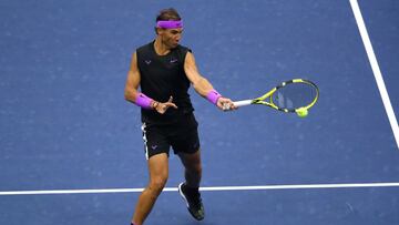 NEW YORK, NEW YORK - SEPTEMBER 08: Rafael Nadal of Spain returns a shot during the third set of his Men&#039;s Singles final match against Daniil Medvedev of Russia on day fourteen of the 2019 US Open at the USTA Billie Jean King National Tennis Center on September 08, 2019 in the Queens borough of New York City.   Clive Brunskill/Getty Images/AFP
 == FOR NEWSPAPERS, INTERNET, TELCOS &amp; TELEVISION USE ONLY ==