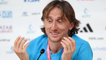 DOHA, QATAR - NOVEMBER 22: Luka Modric of Croatia reacts during the Croatia Press Conference at Main Media Center  on November 22, 2022 in Doha, Qatar. (Photo by Mike Hewitt - FIFA/FIFA via Getty Images)