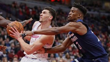 CHICAGO, IL - FEBRUARY 09: Zach LaVine #8 of the Chicago Bulls drives past Jimmy Butler #23 of the Minnesota Timberwolves at the United Center on February 9, 2018 in Chicago, Illinois. NOTE TO USER: User expressly acknowledges and agrees that, by downloading and or using this photograph, User is consenting to the terms and conditions of the Getty Images License Agreement.   Jonathan Daniel/Getty Images/AFP
 == FOR NEWSPAPERS, INTERNET, TELCOS &amp; TELEVISION USE ONLY ==