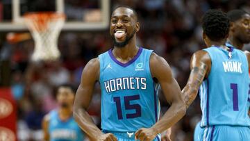 MIAMI, FL - OCTOBER 20: Kemba Walker #15 of the Charlotte Hornets reacts after a basket during the first half against the Miami Heat at American Airlines Arena on October 20, 2018 in Miami, Florida. NOTE TO USER: User expressly acknowledges and agrees tha