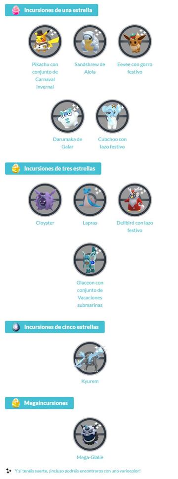 Incursiones disponibles durante el evento Fiestas Invernales Segunda Parte de Pok&eacute;mon GO