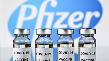 An illustration picture shows vials with Covid-19 Vaccine stickers attached, with the logo of US pharmaceutical company Pfizer, on November 17, 2020. (Photo by JUSTIN TALLIS / AFP)