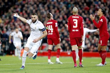 Karim Benzema scored twice in Real Madrid's 5-2 win over Liverpool at Anfield. 
