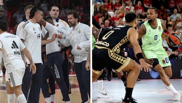 Los jugadores del Madrid, con Deck y Llull, en primer plano, se animan los unos a los otros en El Pireo. A la derecha, Kevin Punter, clave en las aspiraciones del Barça.